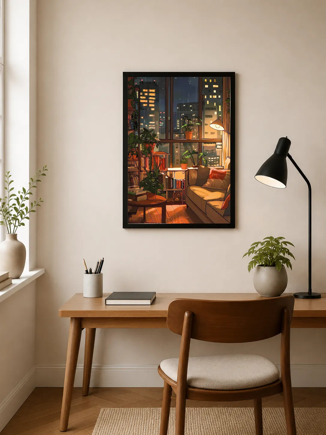 Portrait poster featuring a cozy urban interior at night with warm lighting, bookshelves, plants, and city buildings visible through large windows