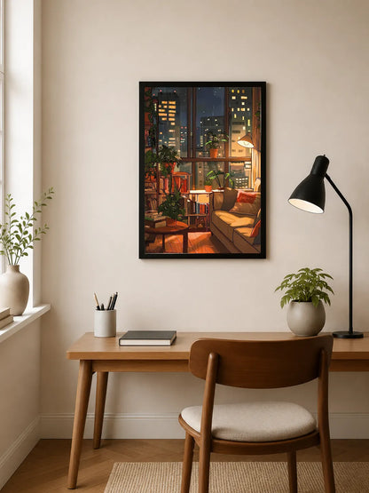 Portrait poster featuring a cozy urban interior at night with warm lighting, bookshelves, plants, and city buildings visible through large windows
