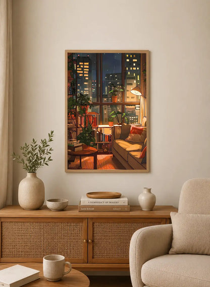 Portrait poster featuring a cozy indoor scene with potted plants, bookshelves, and city lights visible through large windows at night. Warm color