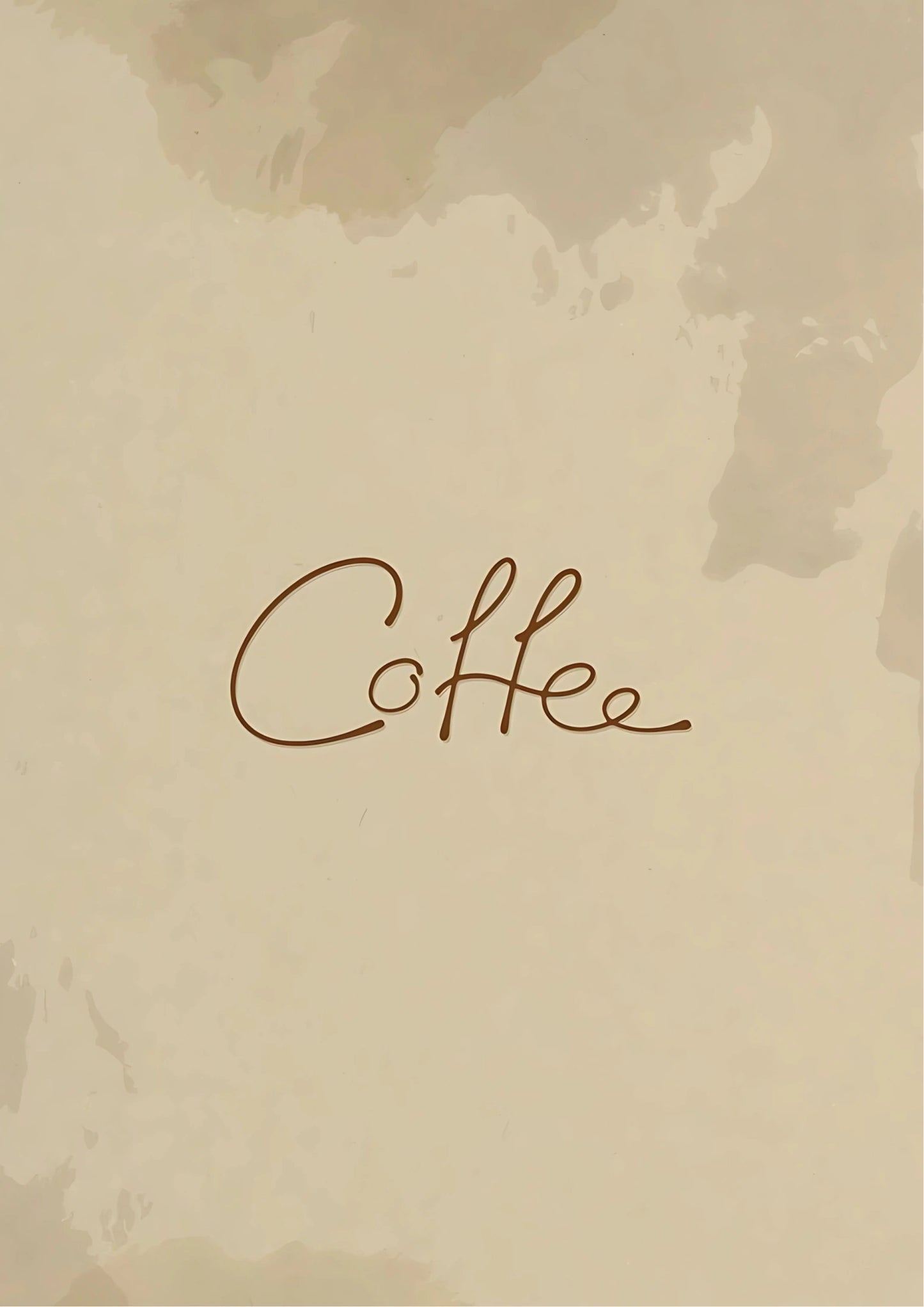 Cursive word "Coffee" in dark brown script centered on textured beige background with subtle watercolor stains