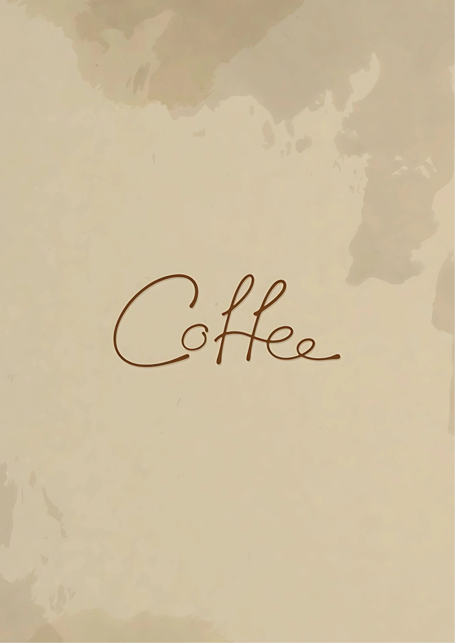 Cursive word "Coffee" in dark brown script centered on textured beige background with subtle watercolor stains