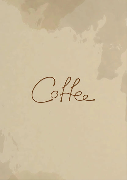 Cursive word "Coffee" in dark brown script centered on textured beige background with subtle watercolor stains