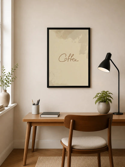 Portrait poster with minimalist beige background and cursive "Coffee" in warm brown ink, abstract watercolor washes