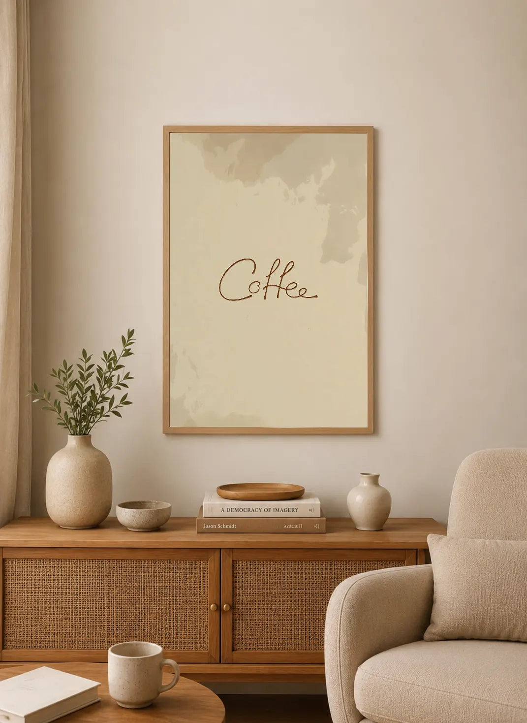 Portrait poster with minimalist beige background and brown cursive script spelling "Coffee" over abstract watercolor washes