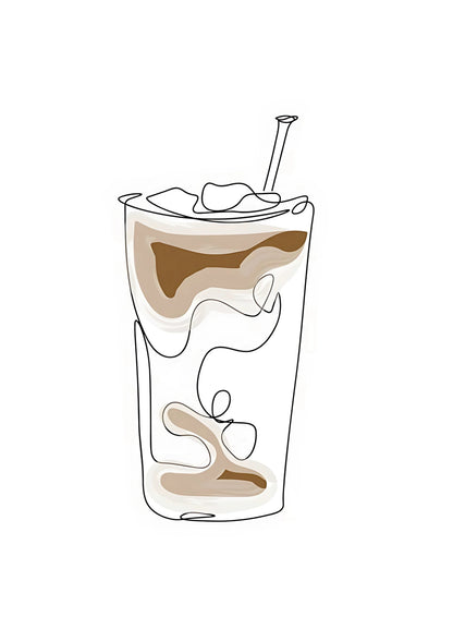 Line art illustration of a tall glass drink with swirling brown and white layers, topped with ice and a straw