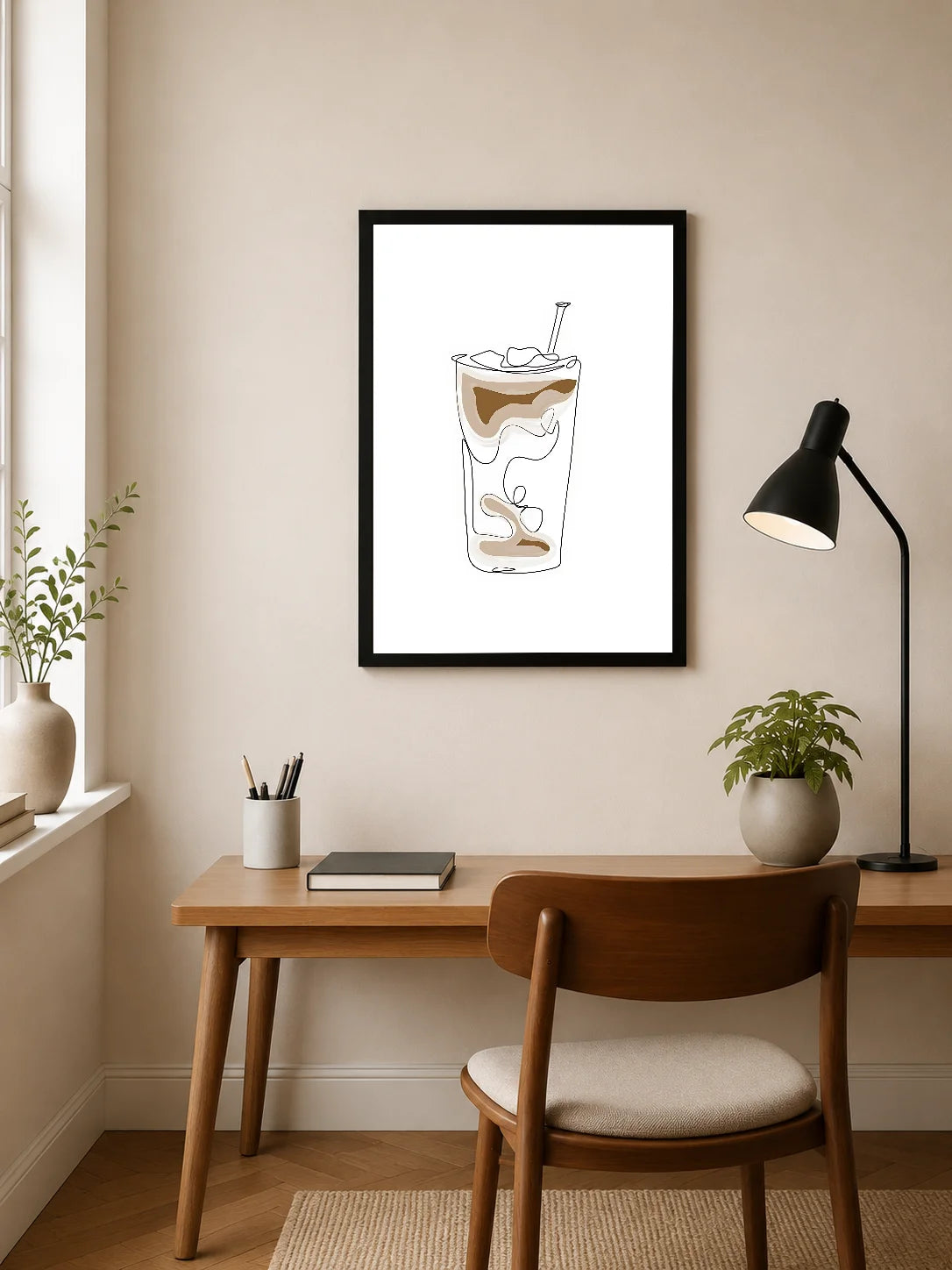 Portrait poster featuring a minimalist line drawing of a coffee drink with ice and a straw, rendered in beige and brown tones