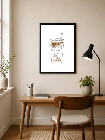 Portrait poster featuring a minimalist line drawing of a coffee drink with ice and a straw, rendered in beige and brown tones