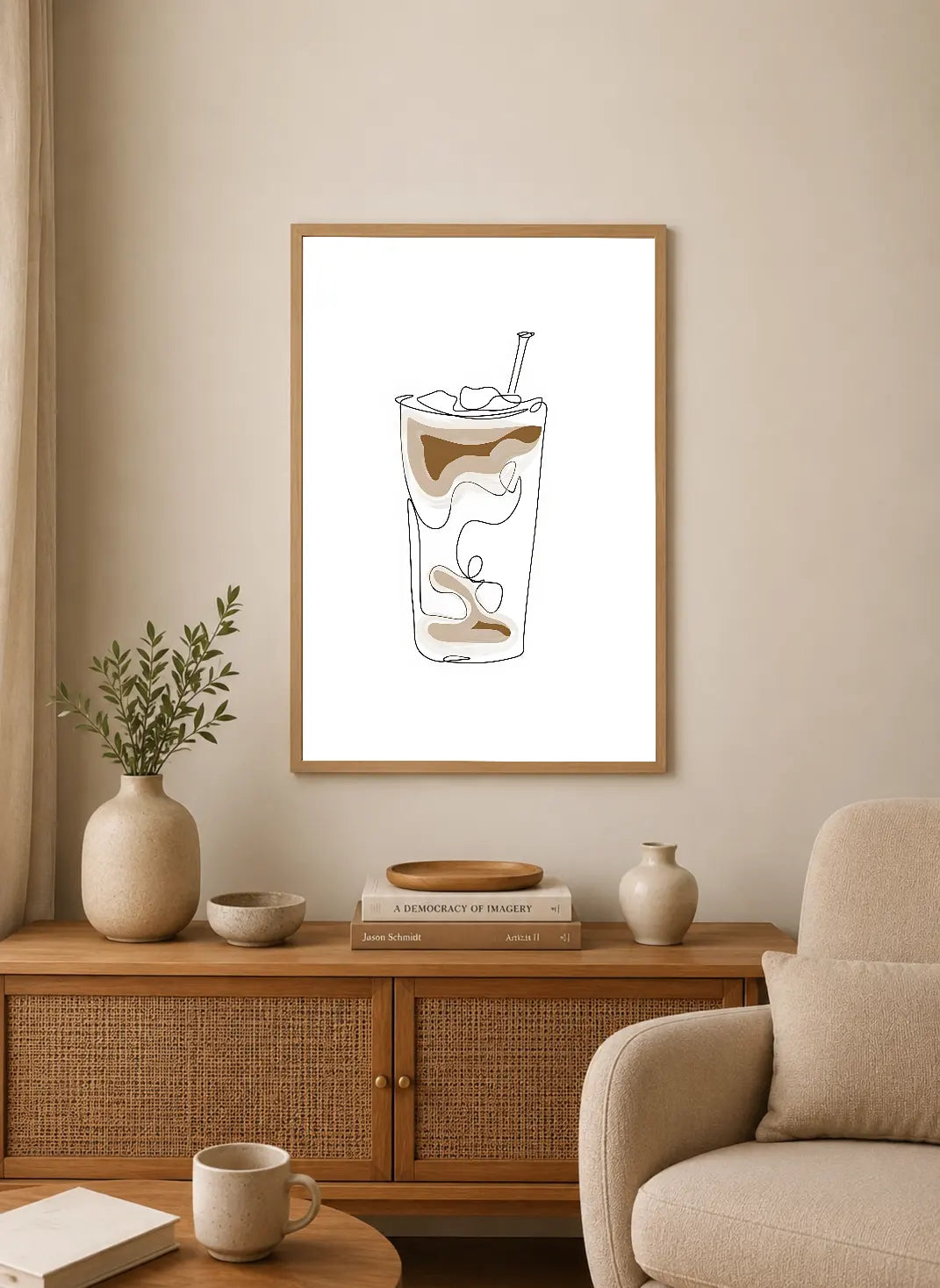 Portrait poster featuring a minimalist line drawing of a coffee drink with brown swirls and ice cubes in a tall glass, topped with a straw