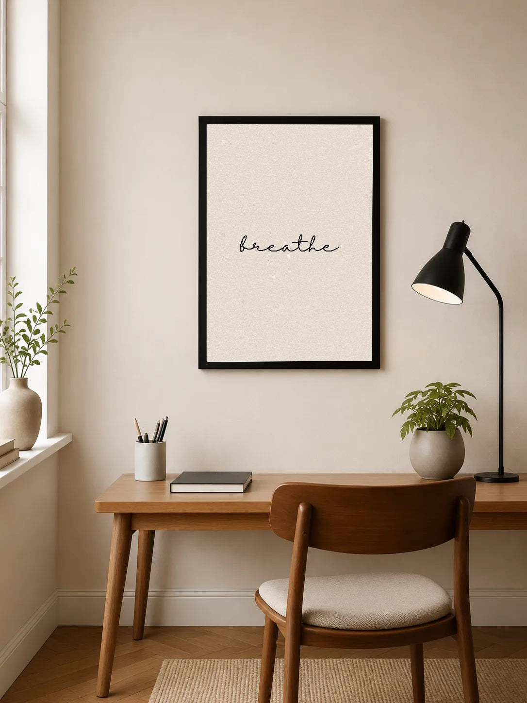Portrait poster with minimalist cursive script spelling "breathe" on textured off-white background