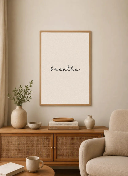 Portrait poster with minimalist calligraphy in black ink on off-white textured background, reading "breathe"
