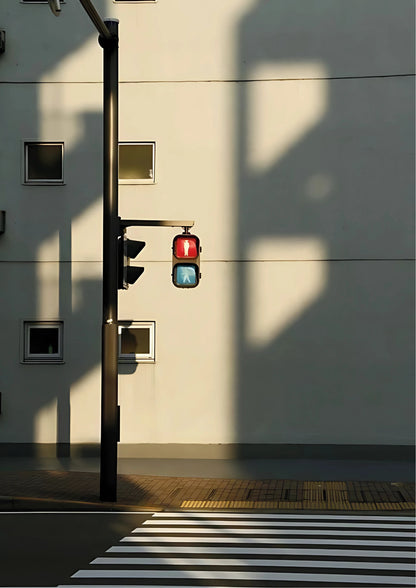 Vertical traffic light with red and blue signals against a plain wall; minimalist urban design in muted tones