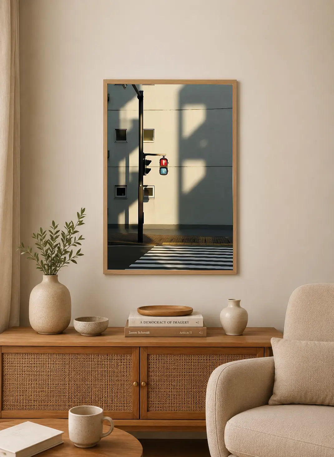 Portrait poster featuring a street corner with a red traffic light, zebra crossing, and building facade under bright sunlight