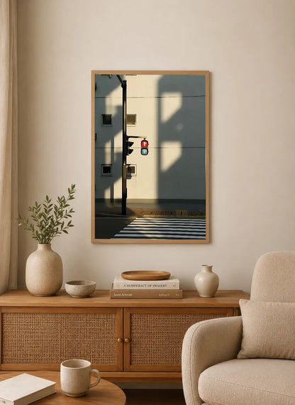Portrait poster featuring a street corner with a red traffic light, zebra crossing, and building facade under bright sunlight