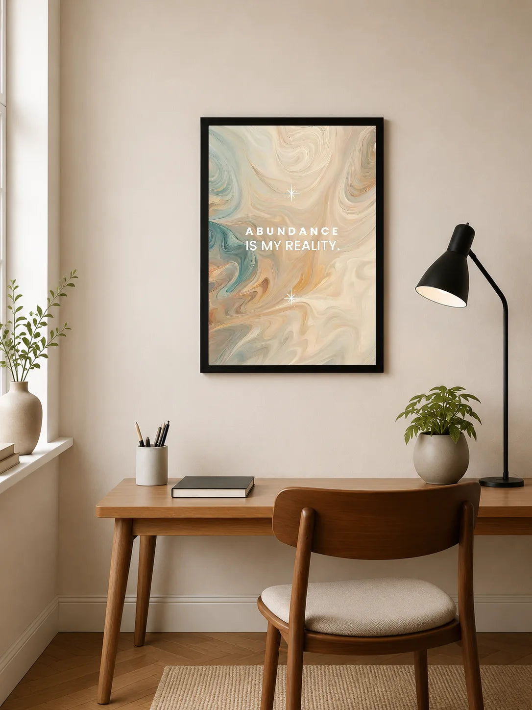 Portrait poster with swirling beige, teal, and cream abstract marbling, featuring white text "ABUNDANCE IS MY REALITY." and two star motifs