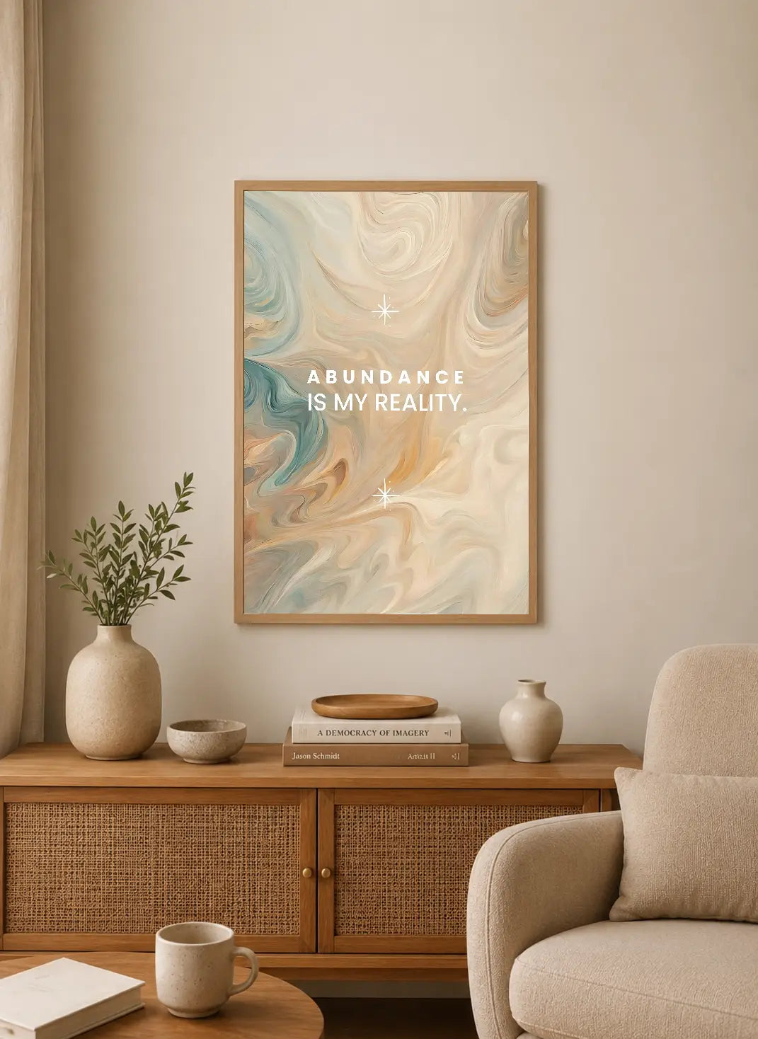 Portrait poster with swirling beige, teal, and cream abstract patterns; white text "ABUNDANCE IS MY REALITY." and two star icons