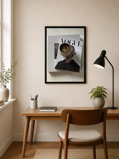 Portrait print featuring a person with a coffee cup obscuring their face, atop Vogue magazine cover, in muted tones and monochrome styling