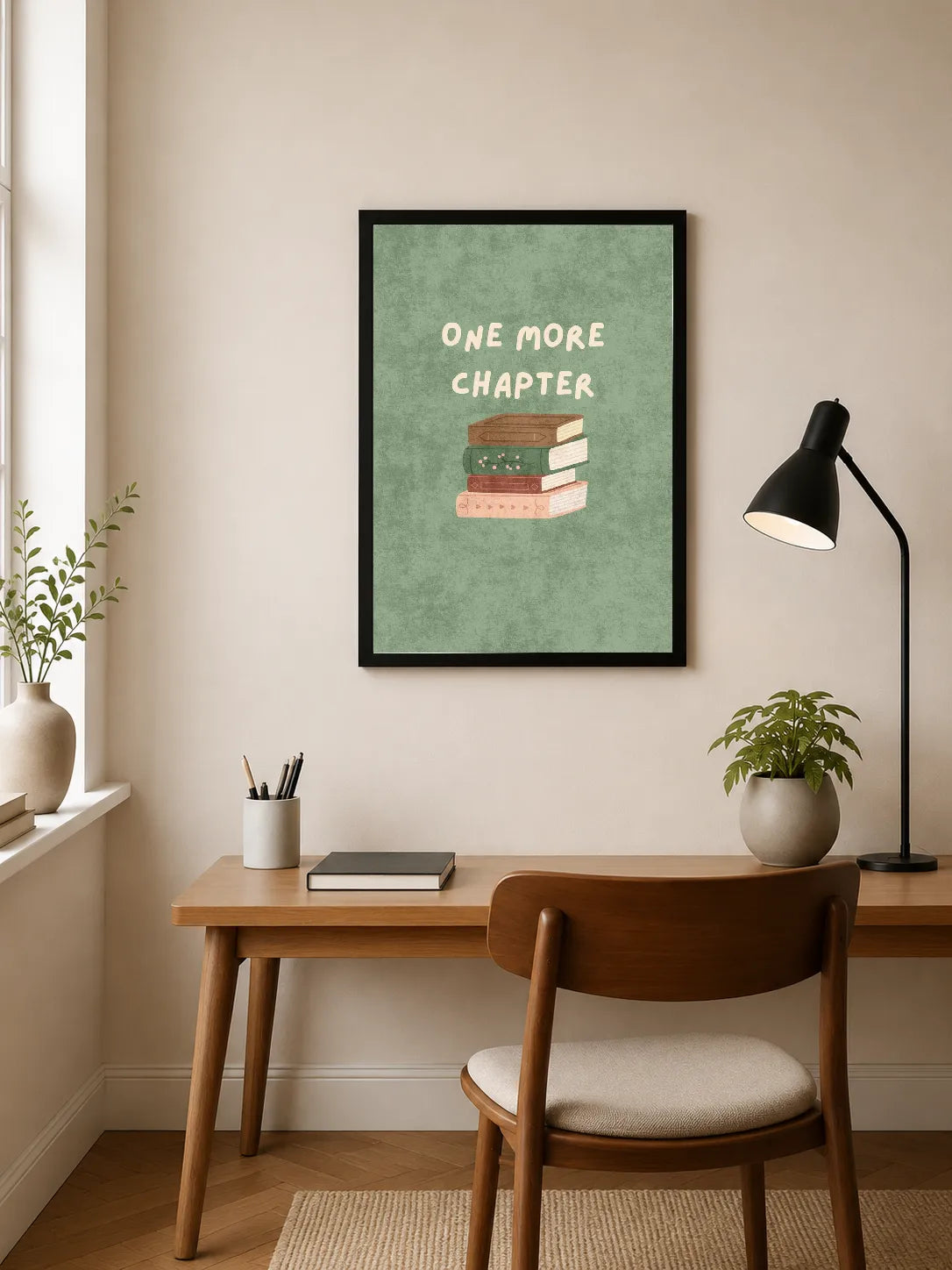 Portrait poster with textured mint background, stacked books illustration, and white uppercase text reading "ONE MORE CHAPTER" above them