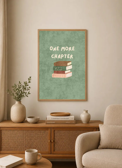 Portrait poster with mint background and stacked books in earthy tones below white sans-serif text reading "ONE MORE CHAPTER"
