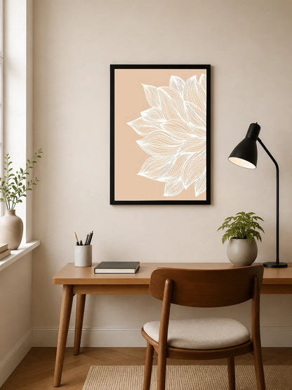 Portrait poster featuring a white, intricately lined floral bloom against a solid beige background