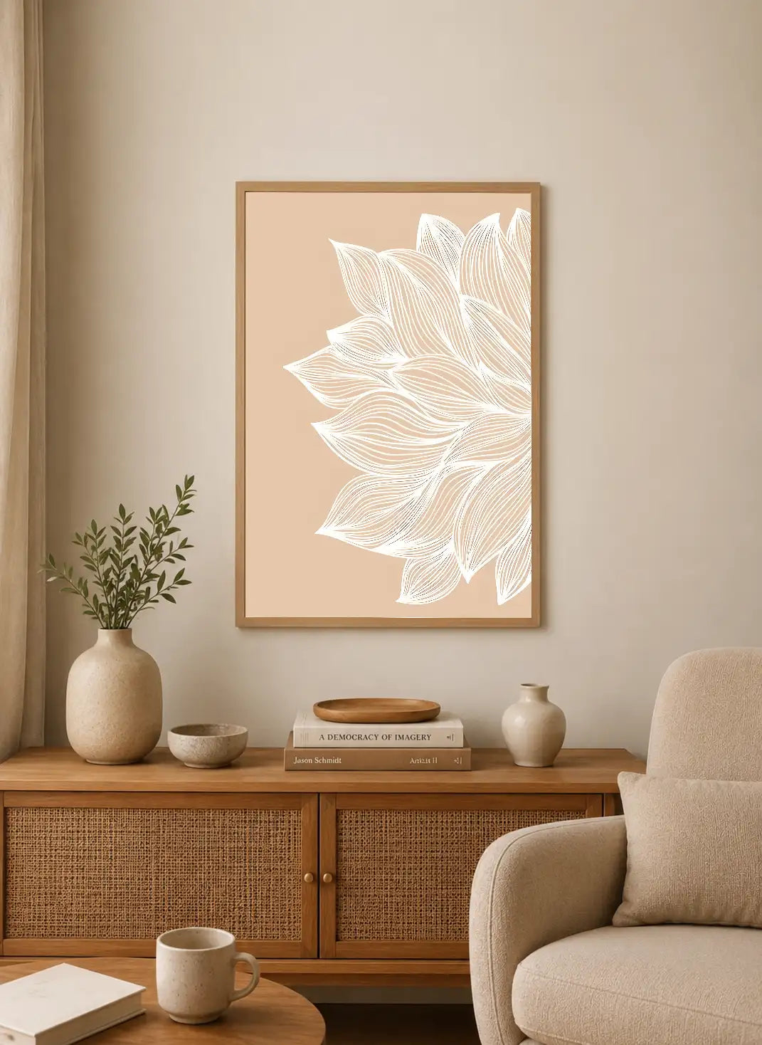 Portrait poster with white line-drawn lotus petals on a solid beige background, minimalist style