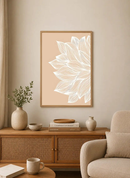 Portrait poster with white line-drawn lotus petals on a solid beige background, minimalist style