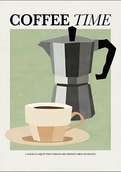 Coffee Time poster featuring geometric Moka pot and cup in muted greys, beige, and black on a pale green background. Serif typography