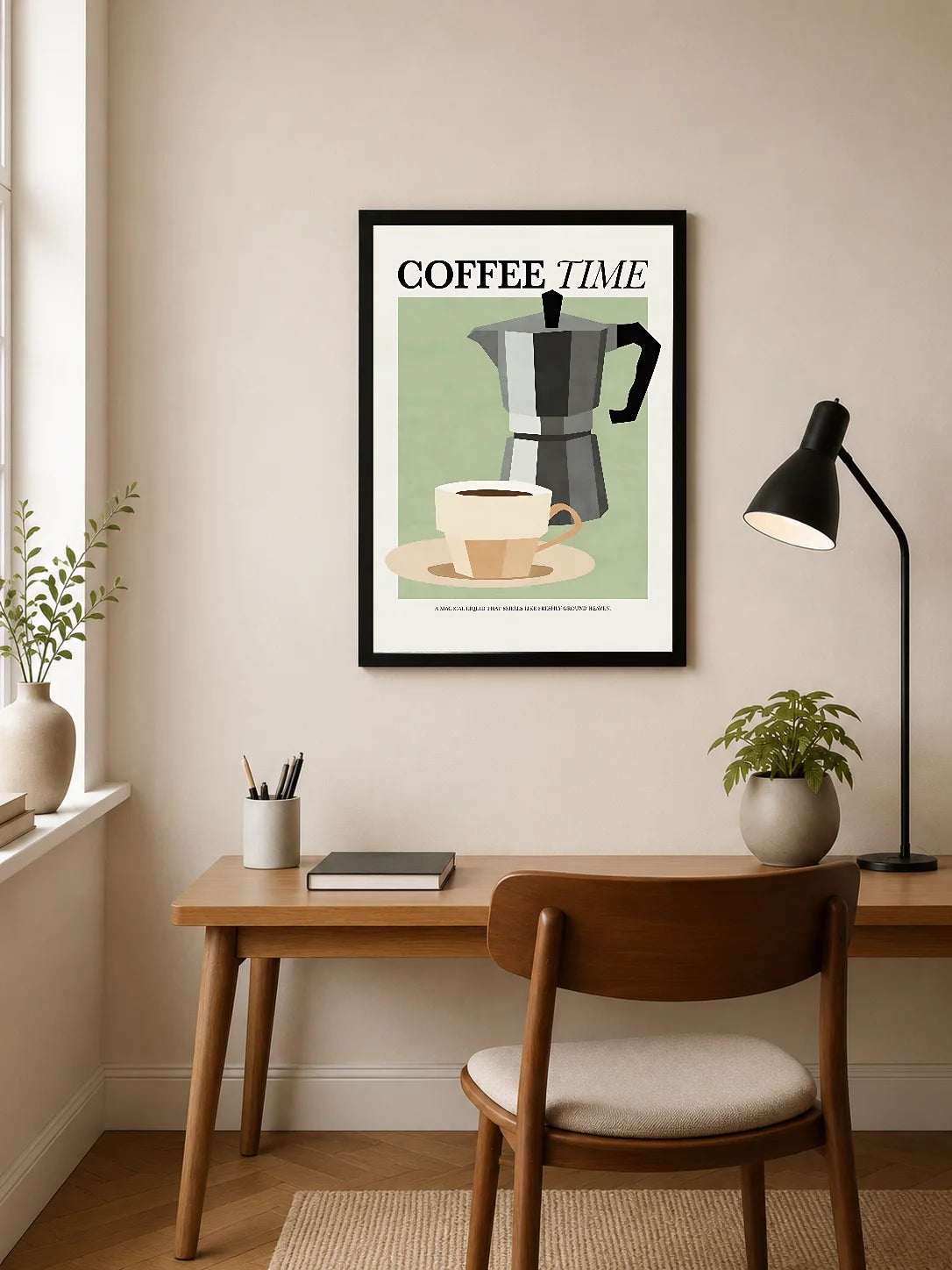 Portrait poster featuring a moka pot and coffee cup on a saucer against a muted green background, with bold black typography