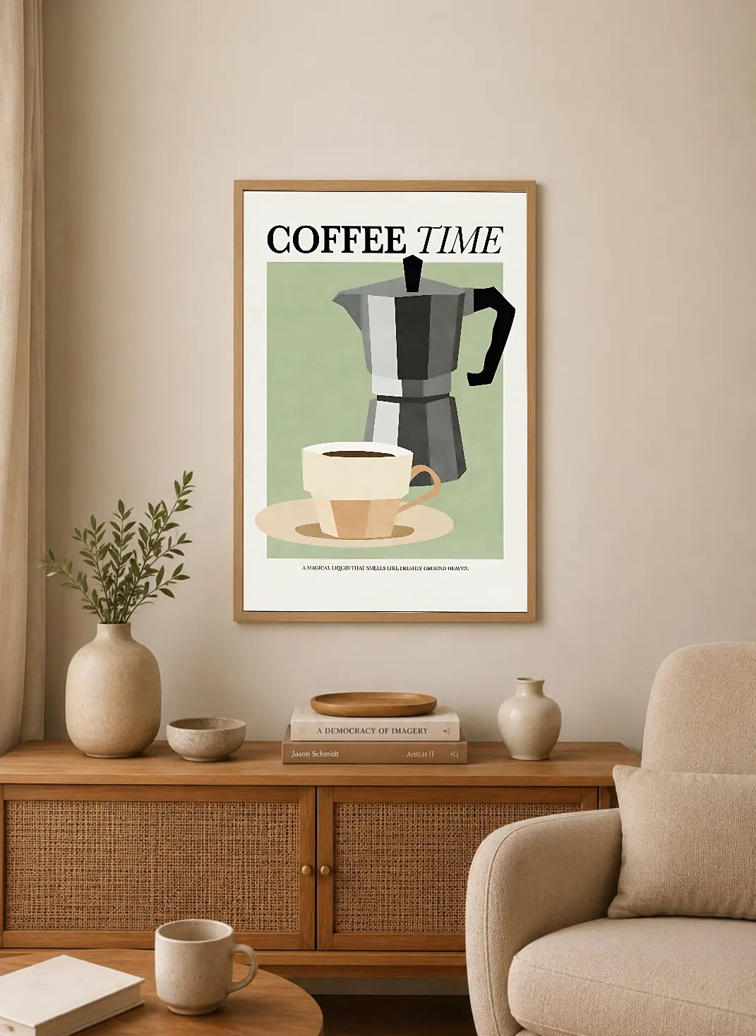 Portrait poster featuring a stylized moka pot and coffee cup on a pale green background with bold black typography reading "COFFEE TIME"