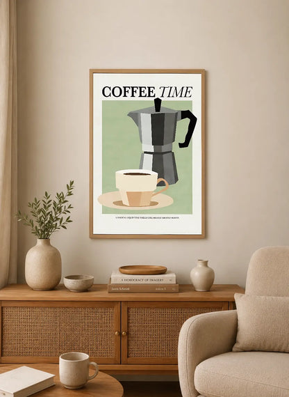 Portrait poster featuring a stylized moka pot and coffee cup on a pale green background with bold black typography reading "COFFEE TIME"