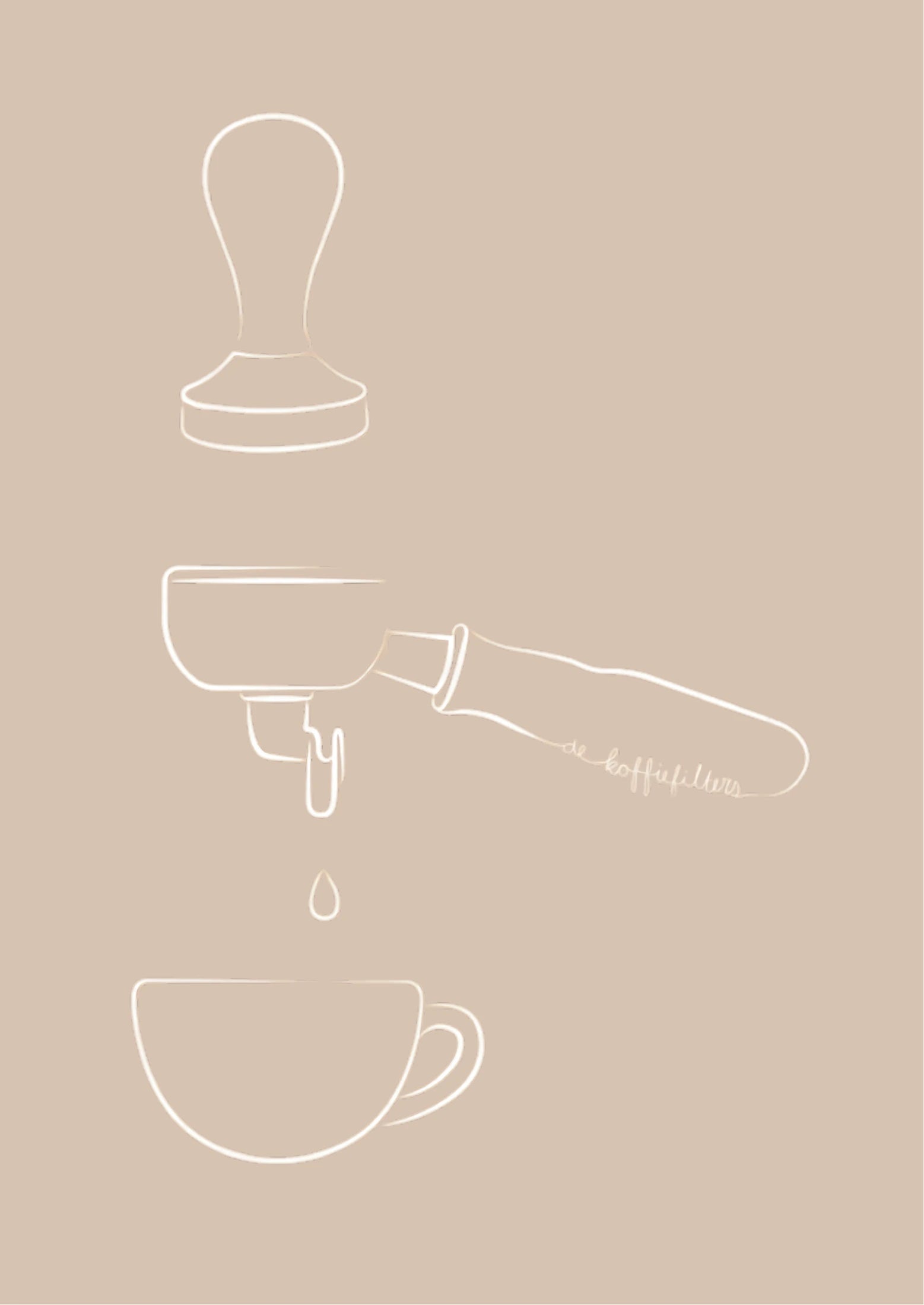 Minimalist line art depicting coffee press, espresso portafilter with dripping coffee, and cup on beige background. Vertical composition