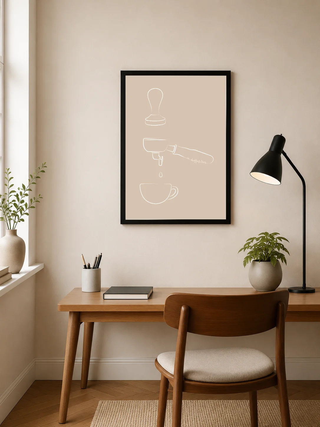 Portrait poster with minimalist white line art depicting coffee press, espresso machine, and cup on a beige background