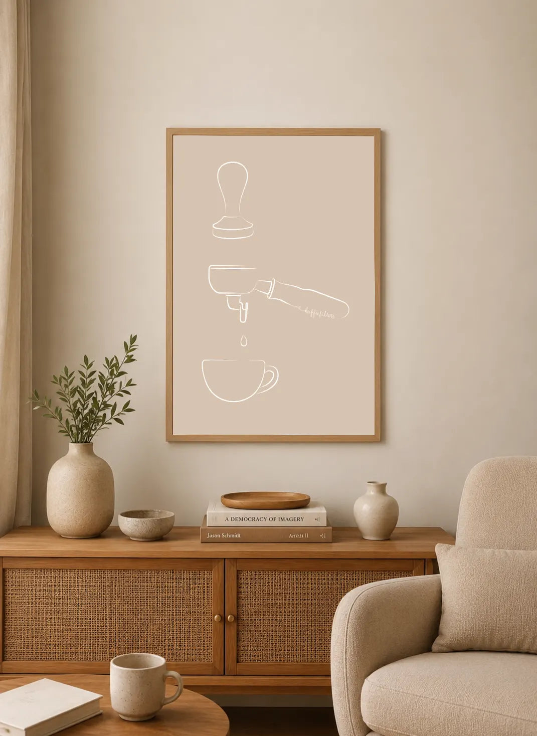 Portrait poster with minimalist white line art depicting coffee press, espresso machine, and cup against a soft beige background