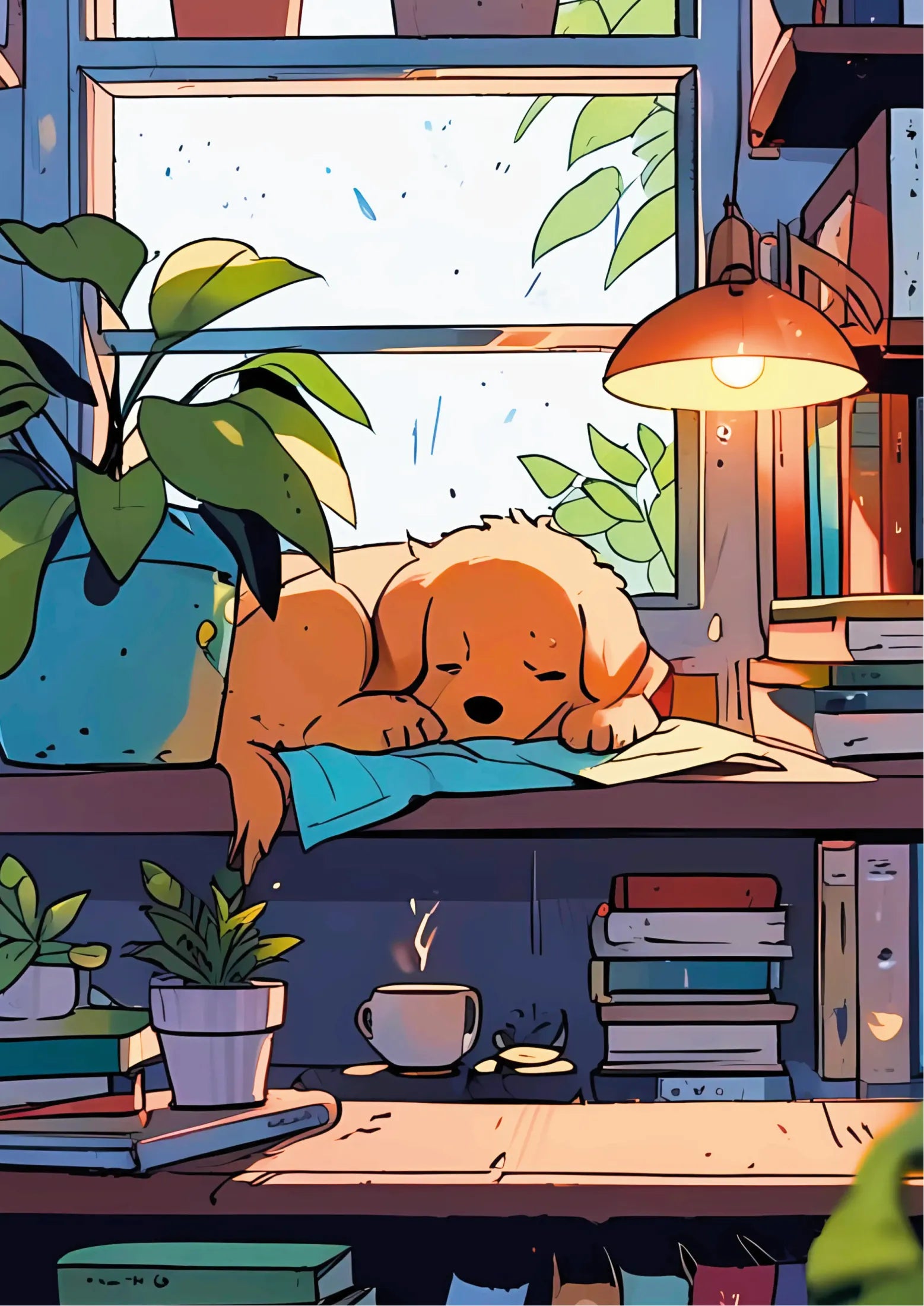 Cute golden puppy sleeping on blue cloth atop open book, warm orange lamp glow, stacked books beside steaming mug
