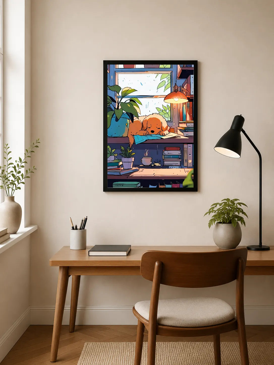 Portrait poster depicts a golden retriever sleeping on a desk beside books and a steaming mug, with potted plants and window foliage in vibrant colors