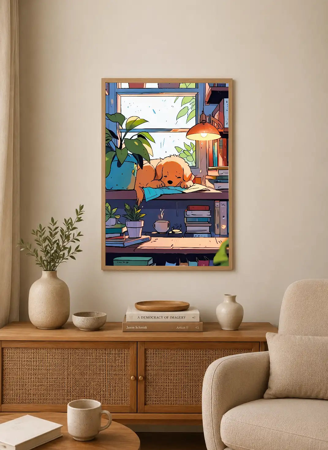Portrait poster featuring a golden dog resting on books near a window with green leaves and warm-toned lampshade