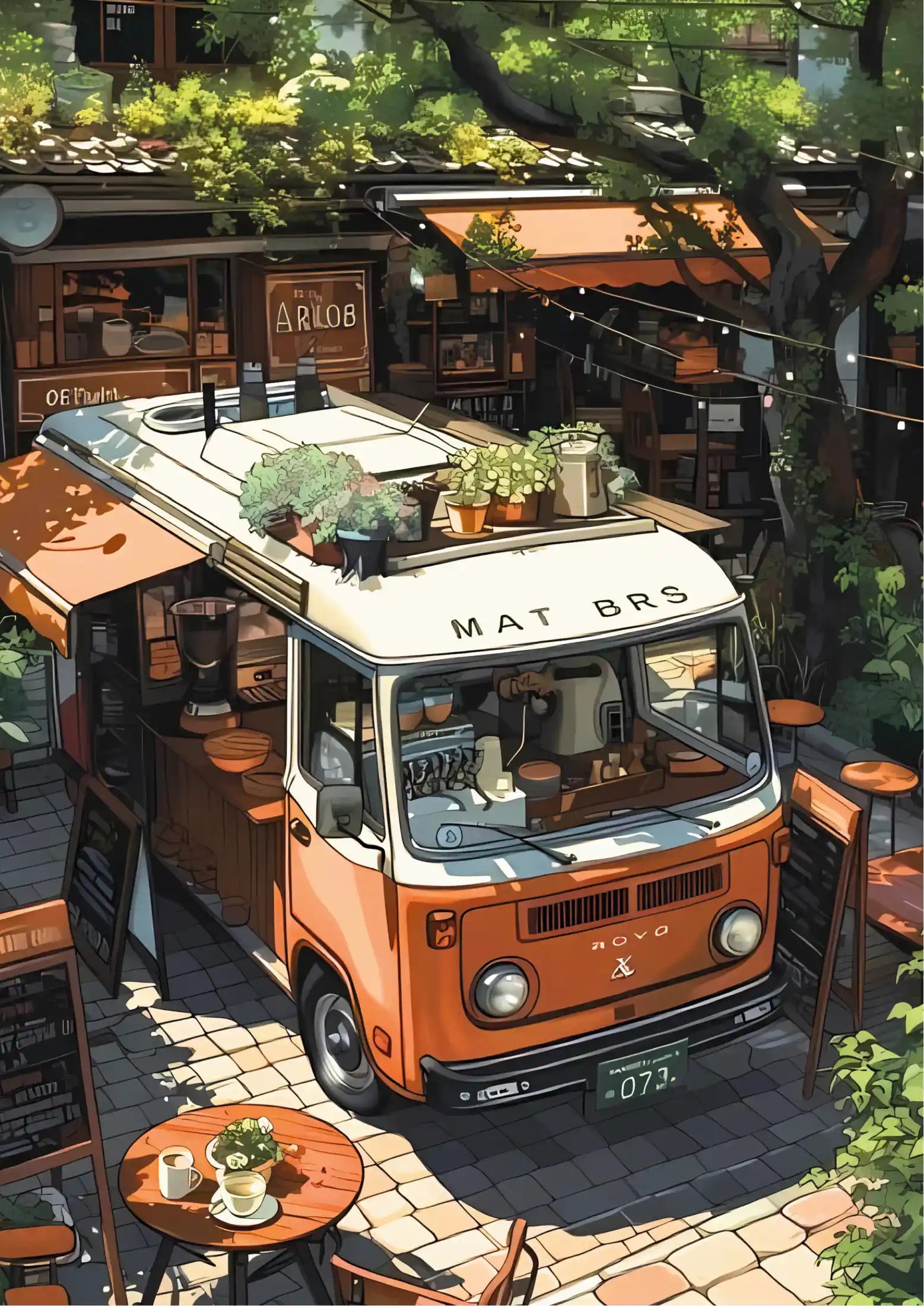 Orange and white van with rooftop plants, “MAT BR'S” on roof, "NOVO" badge, license plate "073", coffee equipment visible inside