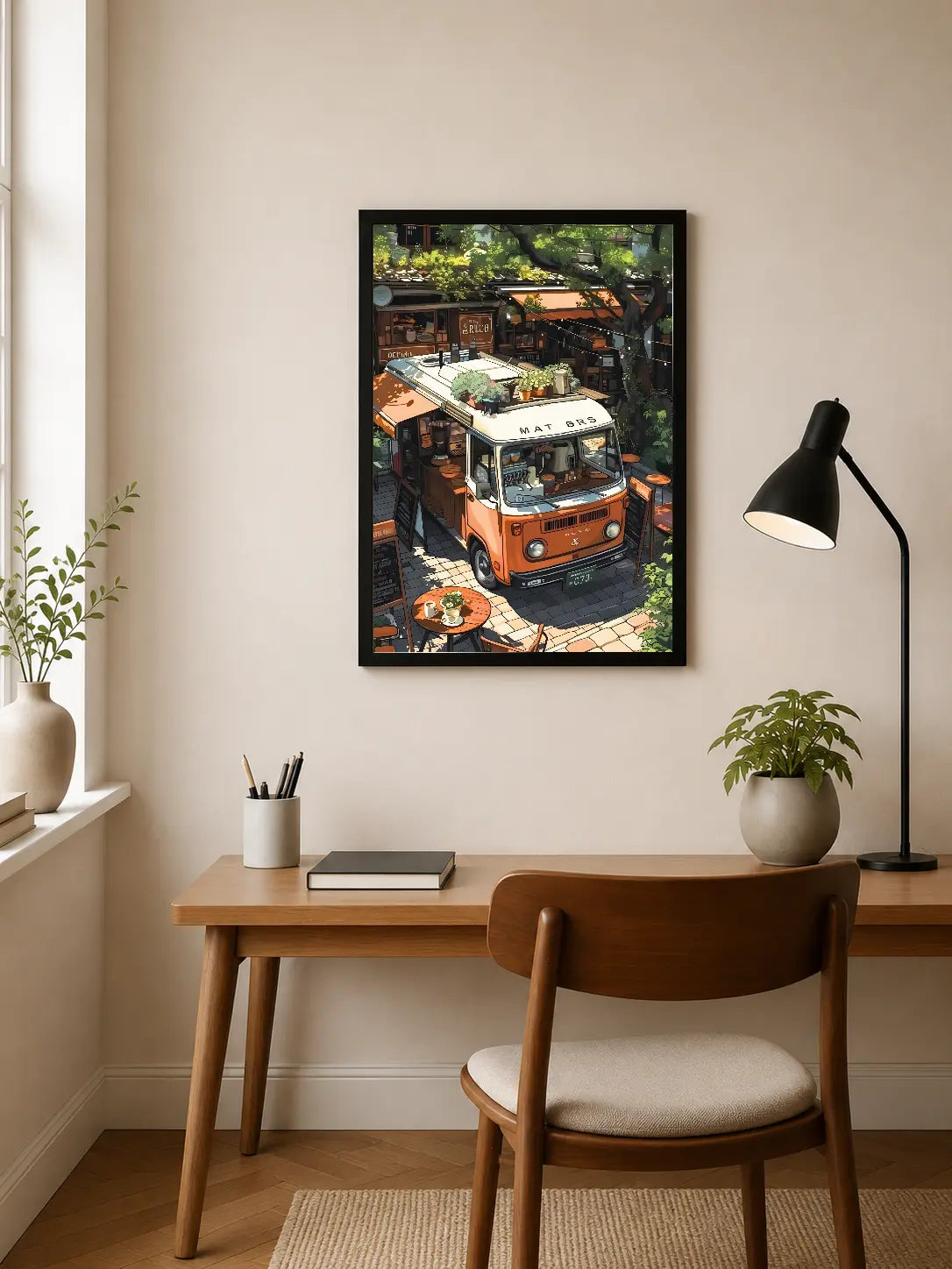 Portrait poster depicts an orange and white van labeled "MAT BRS" parked on a cobblestone street with greenery and outdoor seating