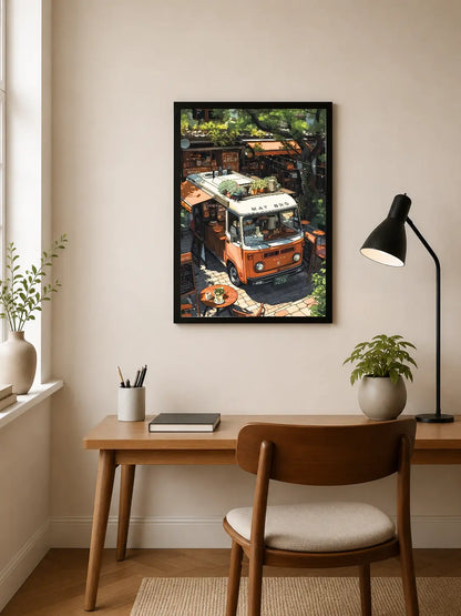 Portrait poster depicts an orange and white van labeled "MAT BRS" parked on a cobblestone street with greenery and outdoor seating