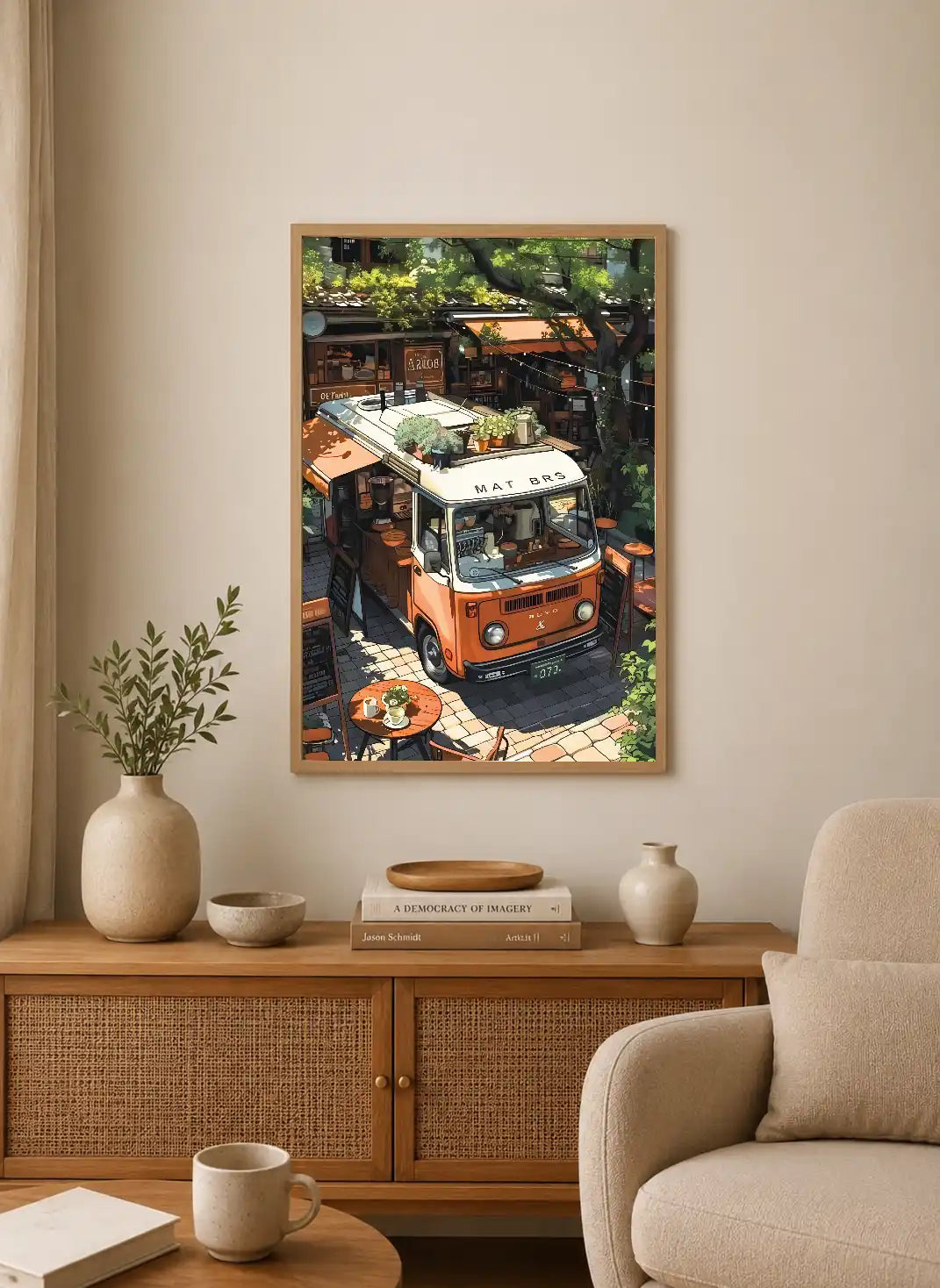 Portrait poster depicting a vintage orange van modified as a coffee cart, featuring greenery and signage with "MAT BRS" on its roof