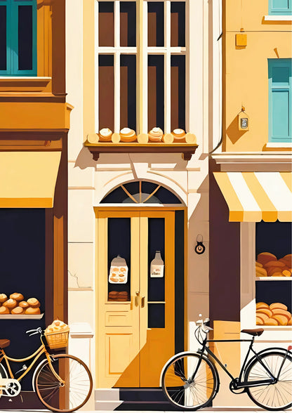 Portrait poster with stylized bakery scene in warm yellow and brown tones, featuring bread displays, arched door, and bicycles