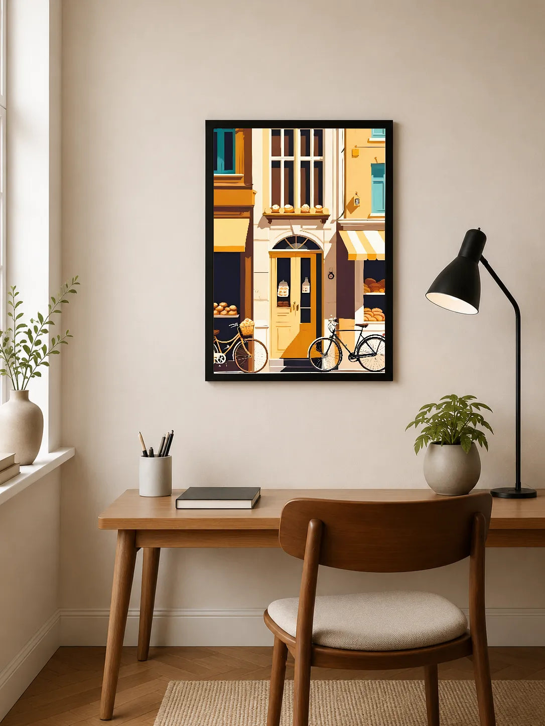 Portrait poster featuring stylized street scene with yellow doors, bicycles, and pastel buildings under warm lighting in minimalist graphic style
