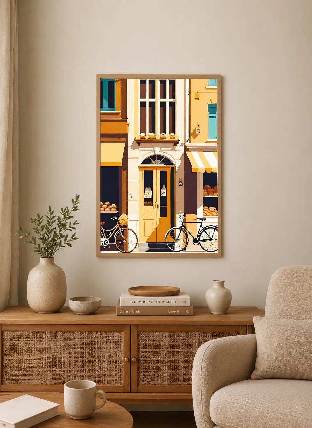Portrait-style illustration featuring yellow doors, pastel buildings with awnings, two bicycles, and displayed breads in warm tones