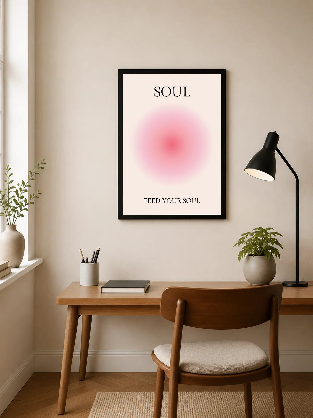 Portrait poster with bold black sans-serif typography above and below a soft pink circular gradient on off-white background