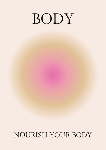 Portrait poster with bold black serif text "BODY" at top and "NOURISH YOUR BODY" at bottom, centered above a soft pink-to-cream radial gradient