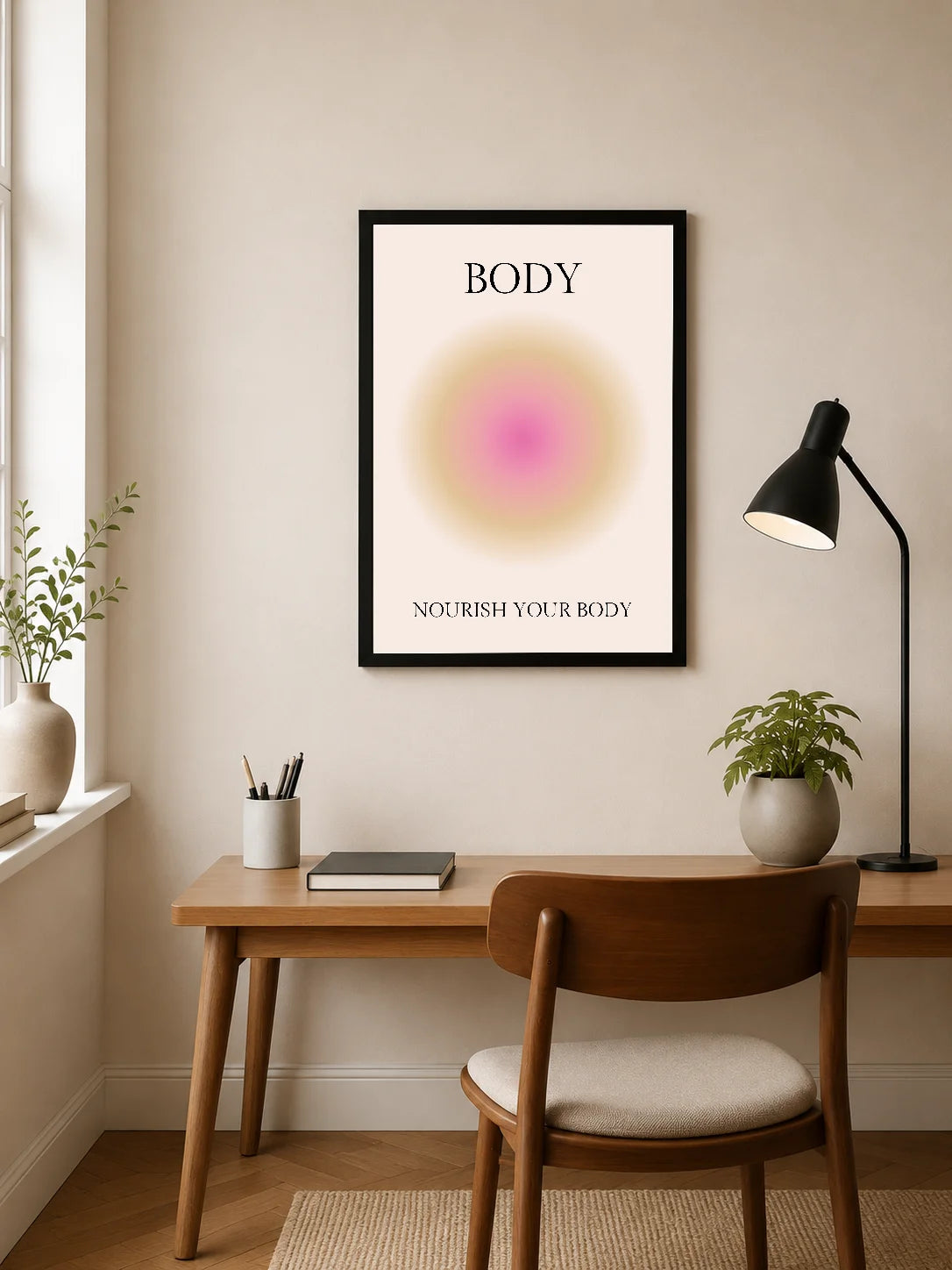 Portrait poster with bold black text "BODY" and "NOURISH YOUR BODY", centered above a soft pink-to-yellow gradient circle