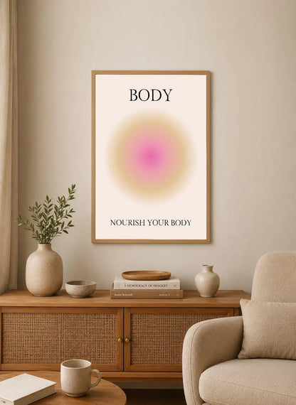 Portrait poster with centered "BODY" and "NOURISH YOUR BODY" in serif font above a soft pink-to-cream radial gradient circle