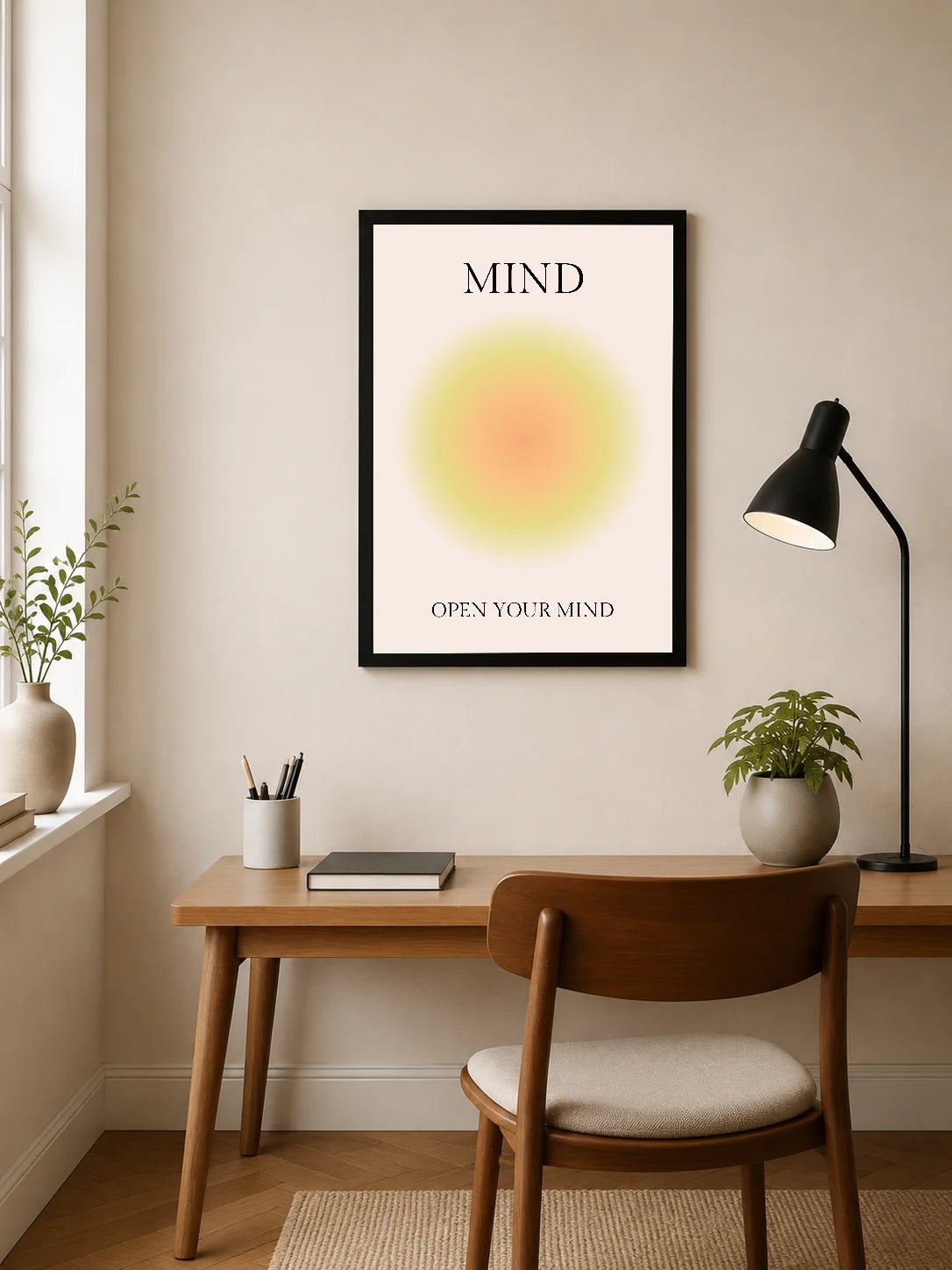 Portrait poster with bold black text "MIND" and "OPEN YOUR MIND" above a soft gradient circle in warm tones
