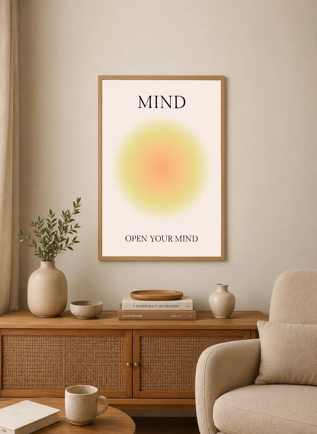 Portrait poster with bold black sans-serif text "MIND" above a soft gradient circle in yellow-orange hues, followed by "OPEN YOUR MIND" below