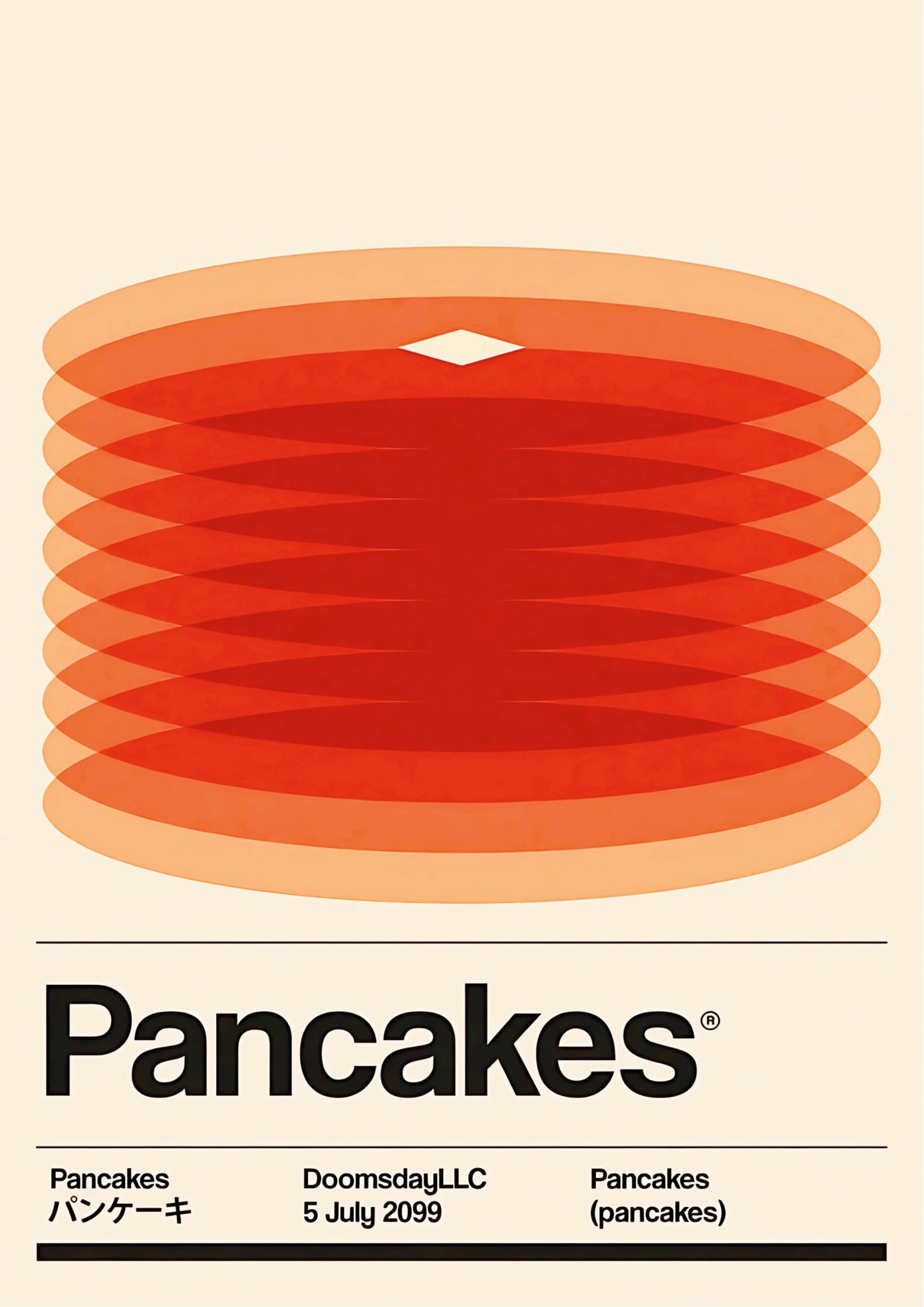 Stacked pancakes in layered red and orange gradients, bold black "Pancakes" typography, Japanese text below
