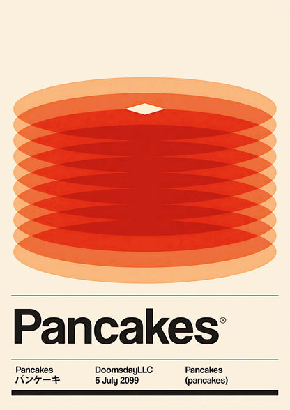 Stacked pancakes in layered red and orange gradients, bold black "Pancakes" typography, Japanese text below
